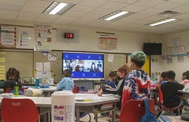 Students at C.C. Pinckney Elementary School tune into a virtual visit with Dr. Jane Goodall Oct. 15, 2021. More than 200 Department of Defense Education Activity schools attended the virtual event to learn about Goodall’s passion for primates...