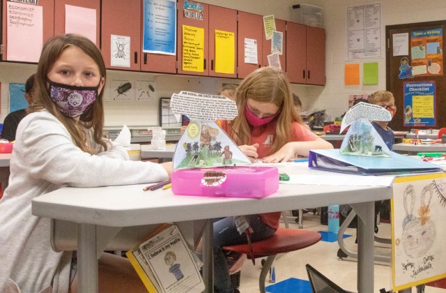 Fort Jackson, South Carolina, C.C. Pickney Elementary students create dioramas of Dr. Jane Goodall studying chimpanzee family and social dynamics. The students met Goodall during a virtual question and answer session Oct. 15, 2021.