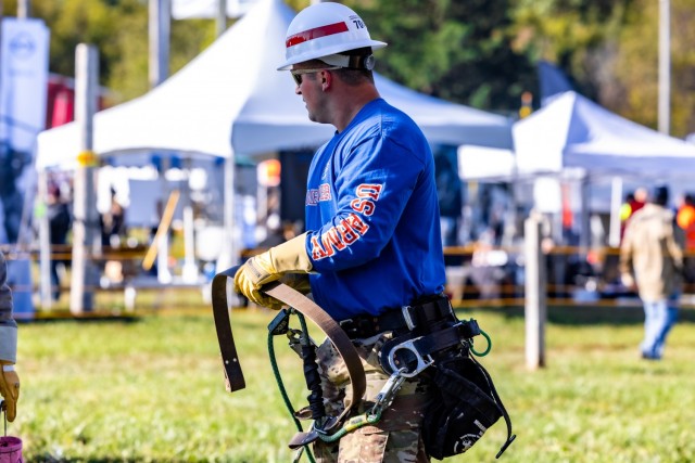Staff Sgt. Patrick Miller, a Soldier assigned to the Delta Company, 249th Engineer Battalion, Prime Power, is about to run the Journeyman Agility & Stability event during the International Lineman's Rodeo alongside industry professionals at the...