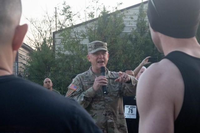 Gen. Paul E. Funk II, commanding general U.S. Army Training and Doctrine Command, welcomes 44 participants of the Fort Jackson, South Carolina, virtual Army Ten-Miler on Oct. 16, 2021.