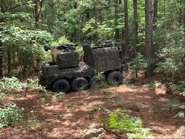 The Project Origin vehicle, a surrogate for Army Robotic Combat Vehicles, is seen at the Joint Readiness Training Center at Fort Polk, Louisiana, in September 2021.