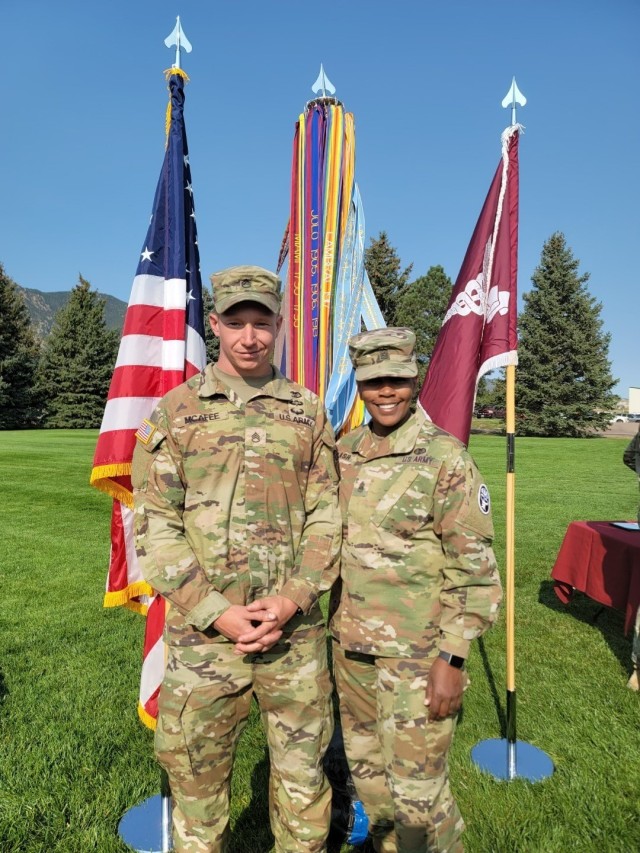 Staff Sgt. David McAfee (left), the Weed Army Community Hospital primary care noncommissioned officer in charge, and Command Sgt. Maj. Dedraf Blash (right), Weed ACH’s senior enlisted advisor, pose for a photograph Sept. 23, at Fort Carson, Colo., following McAfee’s win at the Regional Health Command-Central Best Medic Competition. McAfee will represent RHC-C at the Army Best Medic Competition. (Courtesy Photo/ Weed ACH)