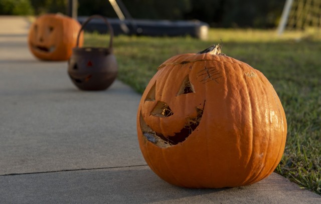 Various jack-o-lantern’s line a sidewalk during base-wide trick-or-treating at Shaw Air Force Base (AFB), South Carolina, Nov. 1, 2019. Many Shaw AFB residents decorated their homes for the celebration. (U.S. Air Force photo by Airman 1st Class...