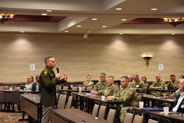 Lt. Gen. Daniel Karbler, commanding general, U.S. Army Space and Missile Defense Command, delivers opening remarks at the Warrant Officer Association's 49th Annual Meeting of Members, Oct. 20, 2021. (U.S. Army photo by Mikayla Mast)