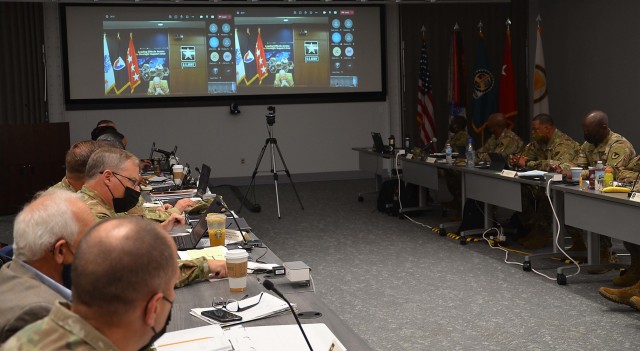 Gen. Ed Daly, commanding general, U.S. Army Materiel Command, virtually addresses senior leaders of the U.S. Army Sustainment Command Oct. 19 as part of the Senior Leader Forum held at Rock Island Arsenal, Illinois. (Photo by Staci-Jill Burnley,...