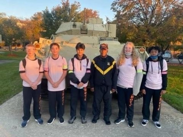 Members of the Centerline High School, Michigan, Junior Reserve Officer Training Corps posed for a photo prior to participating in the Detroit Arsenal Breast Cancer Awareness Ruck/Walk/Run event Oct. 18. (Photo by Master Sgt. Christopher Jackson).