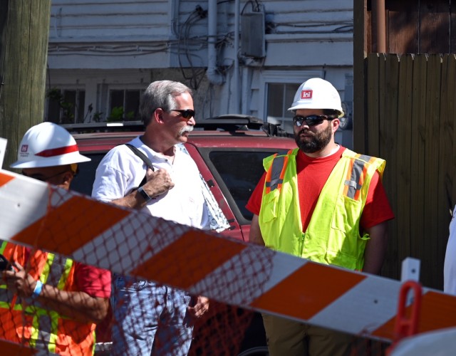 Keith McMullen, left, U.S. Army Corps of Engineers, St. Louis District regulatory supervisor and Hurricane Ida Operation Blue Roof action officer, discusses temporary roof repairs with Brenton Barkley, U.S. Army Corps of Engineers, St. Louis...