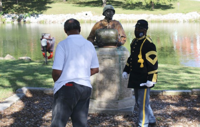 Memorial attendees were encouraged to look at the bust of 1st Sgt. Walter Morris. This bust memorializes the 555th Parachute Infantry Battalion in the Circle of Firsts.