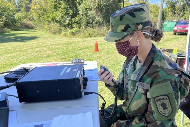 A member of the Virginia Defense Force trains on a high-frequency radio Oct. 2, 2021, in Warrenton, Virginia, during Highland Guardian 21. HG 21 is a statewide readiness exercise to test the VDF’s ability to respond in an emergency. (Virginia Defense Force photo by Lt. Col. Cotton Puryear)