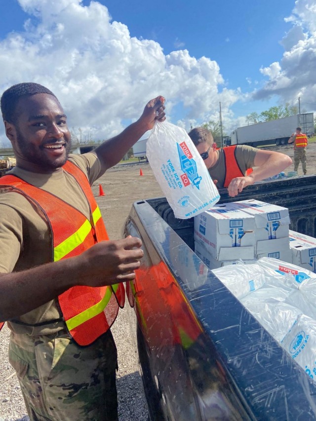Ohio Army National Guard Soldiers help distribute ice to residents in Louisiana’s Terrebonne Parish after Hurricane Ida struck the state Aug. 29, 2021. About 170 Soldiers from the 112th Transportation Battalion supported the Louisiana National...