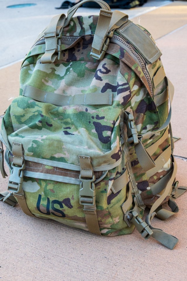 An assault pack sits in formation outside the Army Aviation Support Facility in Windsor Locks, Conn. on Oct. 24, 2021 as the 142nd Medical Company was mobilizing in support of Operation Atlantic Resolve.