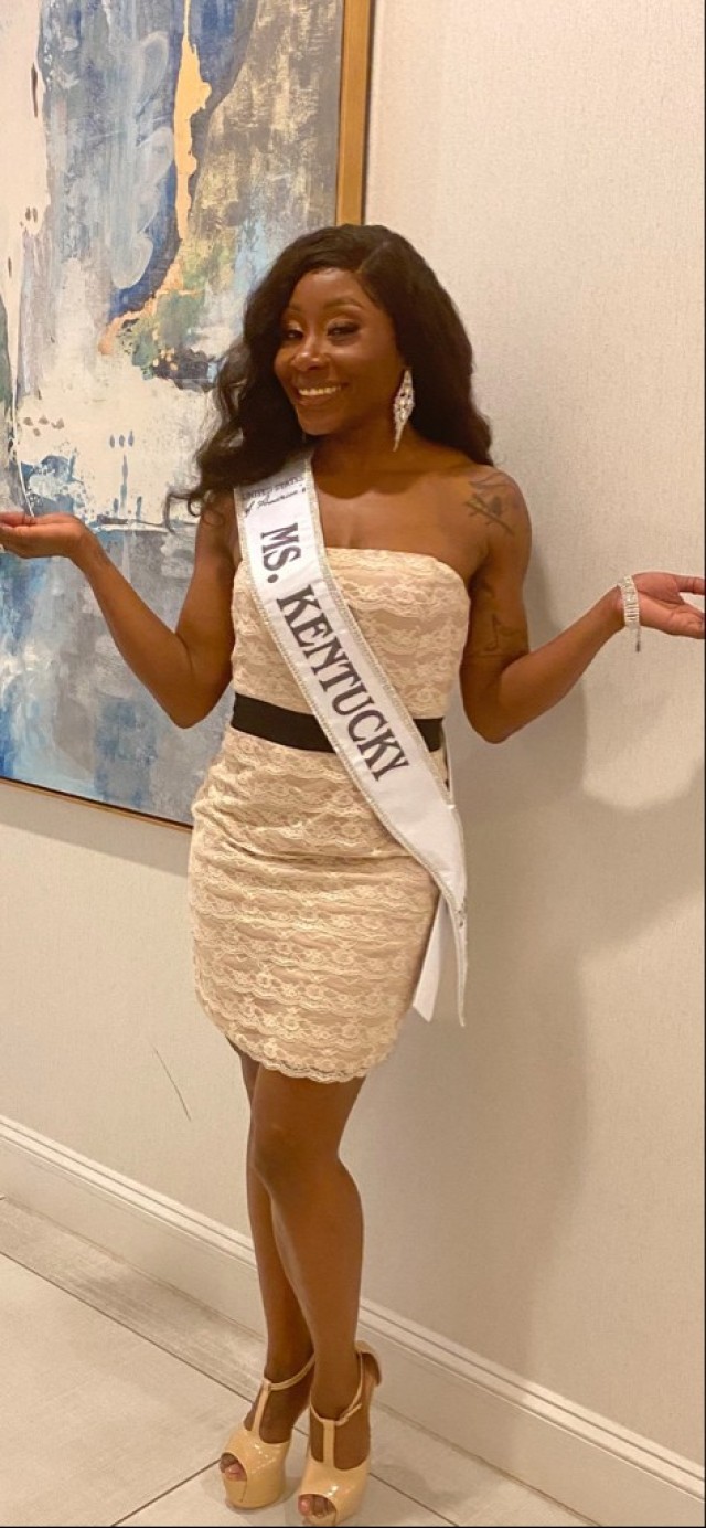 Master Sgt. Diana Layne, unit supply specialist, 1st Theater Sustainment Command, wears her sash before being crowned United States of America Ms. Kentucky 2022 at a pageant in Tifton, Georgia, Oct. 24, 2021. Layne has been deployed twice to Iraq...