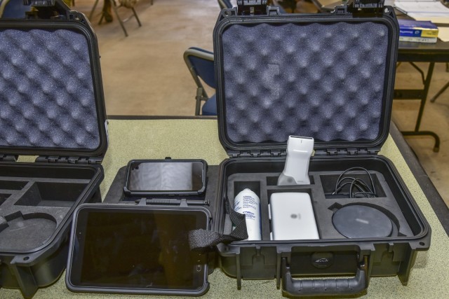 A close up view of one of the four Ultrasound Field Portable kits. All the pieces of the system fit inside a watertight protector case.