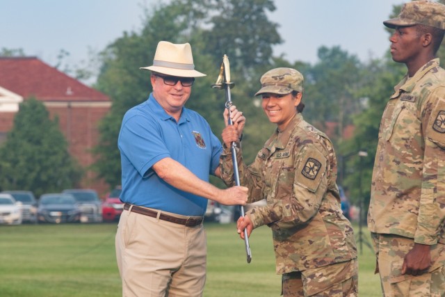 Cadet Keely Jones, University of North Carolina at Pembroke, receives the AUSA Leadership Excellence Award at the 7th Regiment, Advanced Camp graduation, Fort Knox, Ky., July 29, 2021. This award is presented to the Regiment’s top Cadet, as determined by the Regimental Cadre Board. | Photo by Drew Brumfield CST Public Affairs Office