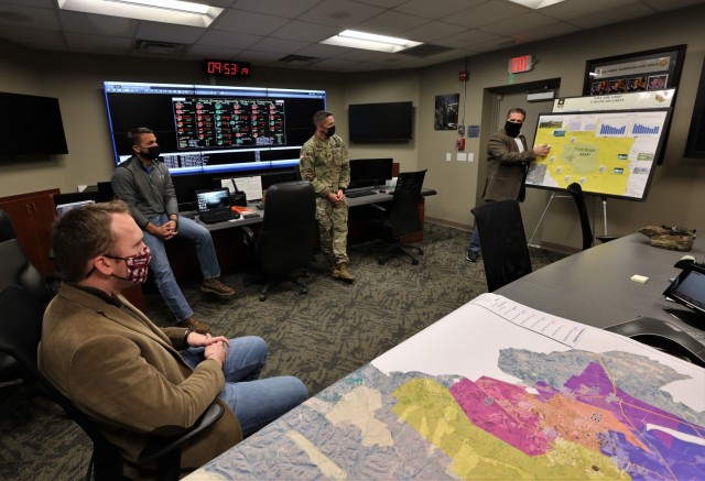 Kentucky Deputy State Director for Senator Mitch McConnell, Andrew Condia, is briefed Oct. 27, 2021 on the Fort Knox’s first full working-day energy independence test as well as the inner workings of the post’s energy capabilities.