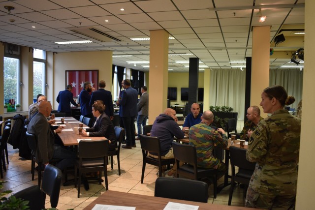 Members of U.S. Army law enforcement and host nation civilian and military law enforcement gather at the 3 Star Restaurant for breakfast and camaraderie at U.S. Army Garrison Benelux - Brussels Oct. 20 in Zaventem, Belgium. (U.S. Army photo by...