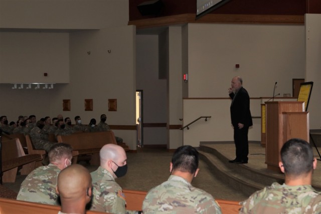 Dr. Jackson Katz encourages the NCOs at a gender violence presentation at Cache Creek Chapel to create and sustain environments where respectful behavior by people toward each other through respecting others’ gender, sexual boundaries or...