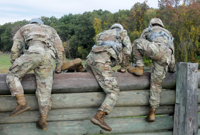 Reserve Officers' Training Corps cadets from Drexel University grapple with the Grenade Assault Course during this year’s 2nd Brigade Ranger Challenge Competition held Oct. 22-24 at various training areas on Joint Base McGuire-Dix-Lakehurst, New...