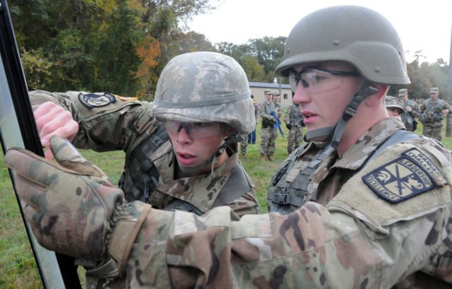 Cadet Ryan Ott (right), Drexel University Reserve Officers' Training Corps, competes in the 2nd Brigade Ranger Challenge Competition held Oct. 22-24 on Joint Base McGuire-Dix-Lakehurst, New Jersey. Ranger Challenge is designed to test cadets’...