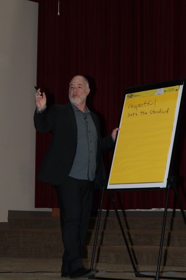 Dr. Jackson Katz, asks for the NCOs in the audience to tell him a word that describes a leader to them during a presentation on gender violence Oct. 27 at the Fort Sill Cache Creek Chapel.