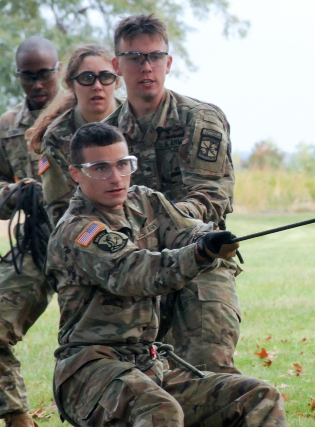 Reserve Officers' Training Corps cadets from Drexel University secure a rope bridge during this year’s 2nd Brigade Ranger Challenge Competition held Oct. 22-24 at various training areas on Joint Base McGuire-Dix-Lakehurst, New Jersey. Ranger...