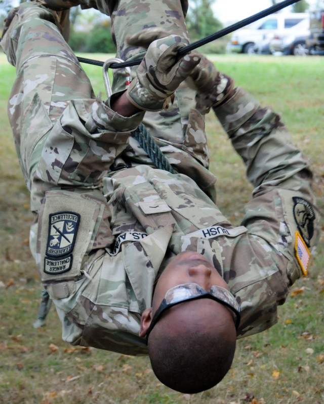 Cadet Madison Bush, Drexel University Reserve Officers' Training Corps, competes in the 2nd Brigade Ranger Challenge Competition held Oct. 22-24 on Joint Base McGuire-Dix-Lakehurst, New Jersey. Ranger Challenge is designed to test cadets’ mental and physical toughness, and to develop leadership while fostering teamwork and esprit-de-corps as teams participate in a series of graded events. (U.S. Army photo by Mr. Shawn Morris, 99th Readiness Division Public Affairs)