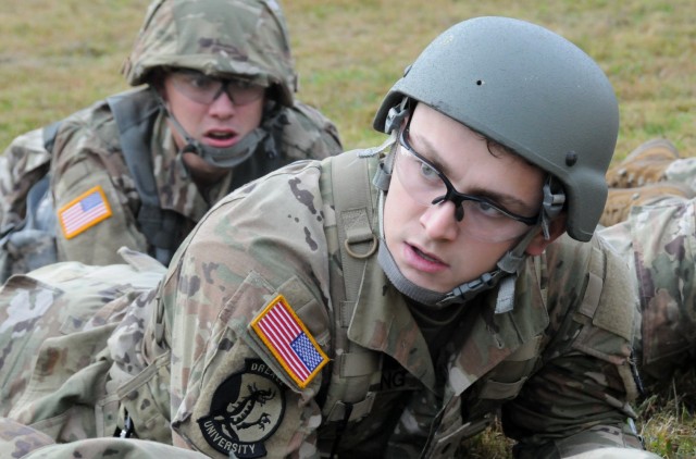 Reserve Officers' Training Corps cadets from Drexel University grapple with the Grenade Assault Course during this year’s 2nd Brigade Ranger Challenge Competition held Oct. 22-24 at various training areas on Joint Base McGuire-Dix-Lakehurst, New...