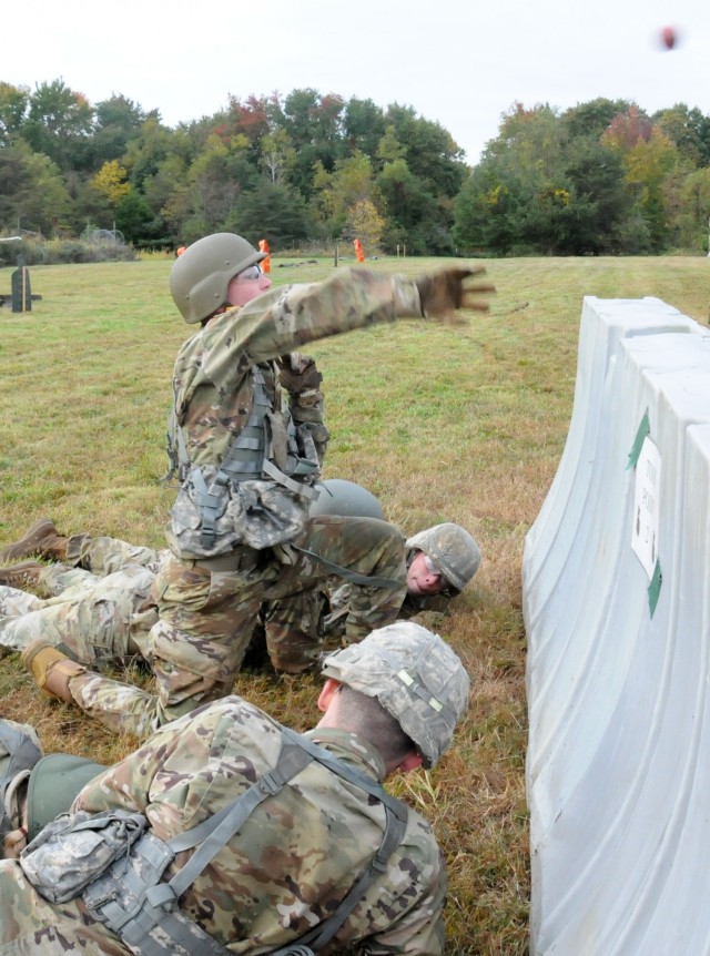 Reserve Officers' Training Corps cadets from Drexel University grapple with the Grenade Assault Course during this year’s 2nd Brigade Ranger Challenge Competition held Oct. 22-24 at various training areas on Joint Base McGuire-Dix-Lakehurst, New Jersey. Ranger Challenge is designed to test cadets’ mental and physical toughness, and to develop leadership while fostering teamwork and esprit-de-corps as teams participate in a series of graded events. (U.S. Army photo by Mr. Shawn Morris, 99th Readiness Division Public Affairs)