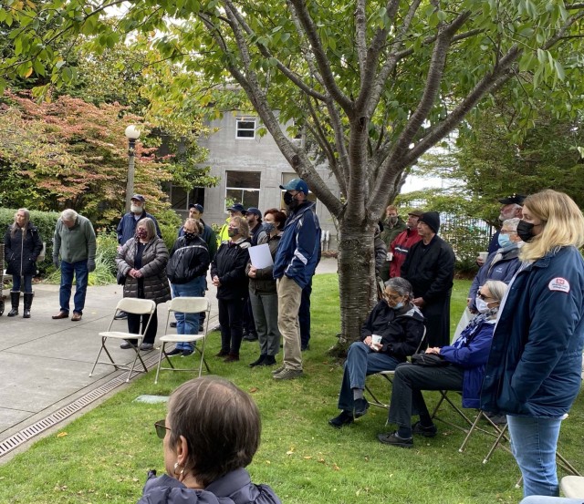Photo of attendees at the memorial and bench dedication for Victoria &#34;Vickie&#34; Shepard