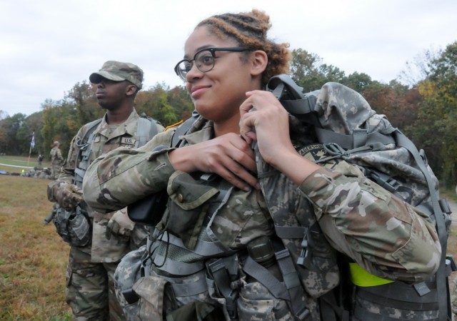 Cadets Naya Goodman (right) and Madison Bush, Drexel University Reserve Officers' Training Corps, compete in the 2nd Brigade Ranger Challenge Competition held Oct. 22-24 on Joint Base McGuire-Dix-Lakehurst, New Jersey. Ranger Challenge is designed to test cadets’ mental and physical toughness, and to develop leadership while fostering teamwork and esprit-de-corps as teams participate in a series of graded events. (U.S. Army photo by Mr. Shawn Morris, 99th Readiness Division Public Affairs)