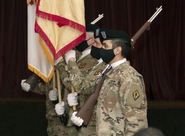 Members of the Fort Jackson honor guard stand at attention during the opening moments of a change of responsiblity ceremony where Garrison Command Sgt. Maj. R. Cesar Duran took responsibility for the unit from Command Sgt. Maj. Algrish Williams Oc.t 27 at the NCO Club on Fort Jackson.