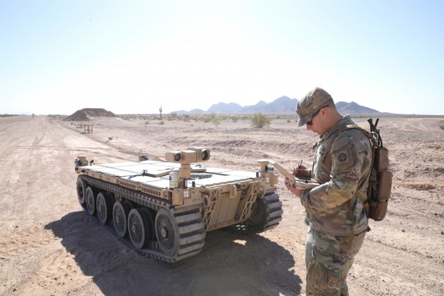 U.S. Army Pfc. Daniel Candales, assigned to the 82nd Airborne Division, uses the tactical robotic controller to control the expeditionary modular autonomous vehicle as a practice exercise in preparation for Project Convergence at Yuma Proving Ground, Ariz., October 19, 2021. During Project Convergence 21, Soldiers are experimenting with using the vehicle for semi-autonomous reconnaissance and re-supply. 

Project Convergence is the Army&#39;s campaign of learning designed to aggressively advance and integrate our Army&#39;s contributions, based on a continuous structured series of demonstrations and experiments throughout the year. It ensures that the Army is part of the joint fight and can rapidly and continuously integrate or converge effects across all domains: air, land, sea, space, and cyberspace; to overmatch our adversaries in competition and conflict.

Project Convergence ensures the Army has the right people with the right systems, properly enabled in the right places to support the joint fight.
