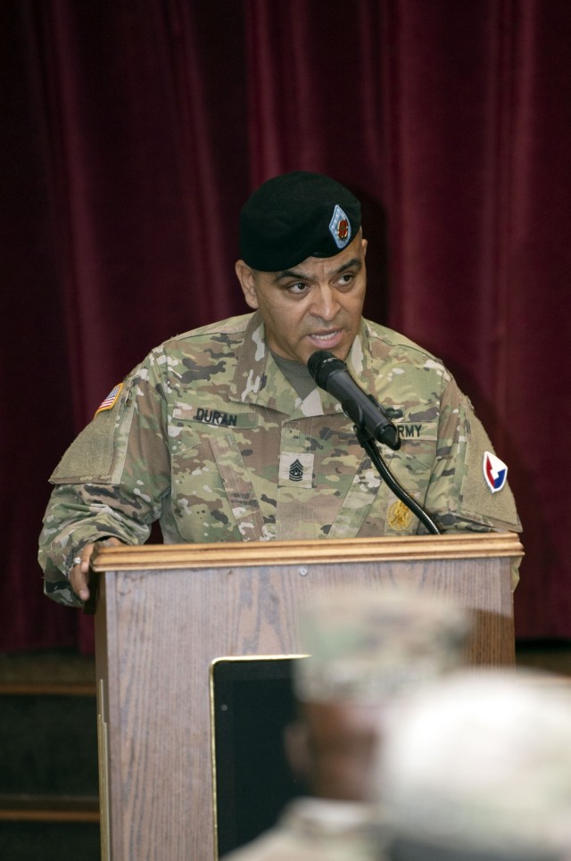Garrison Command Sgt. Maj. R. Cesar Duran speaks after assuming responsibility of Fort Jackson's garrison, from Command Sgt. Maj. Algrish Williams in a ceremony Oct. 27 at the NCO Club on Fort Jackson.