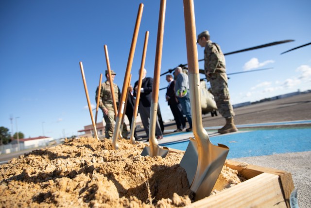 Shovels sit in sand after being used during a groundbreaking ceremony at Hunter Army Airfield, Georgia, Oct. 29. The ceremony marks the building of a new hangar on the installation for the 3rd Combat Aviation Brigade. (U.S. Army photo by Sgt. Andrew McNeil / 3rd Combat Aviation Brigade, 3rd Infantry Division)