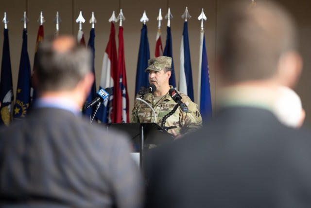 Col. Eric Vanek, the commander of the 3rd Combat Aviation Brigade, speaks during the hangar groundbreaking ceremony at Hunter Army Airfield, Georgia, Oct. 29. The new hangar will allow 3rd CAB to continue its modernization improving unit readiness. (U.S. Army photo by Sgt. Andrew McNeil / 3rd Combat Aviation Brigade, 3rd Infantry Division)