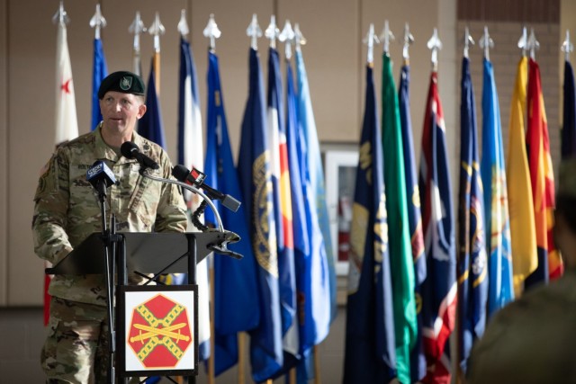 Hunter Army Airfield Garrison Commander Lt. Col. Stephan Bolton speaks during the hangar groundbreaking ceremony at Hunter Army Airfield, Georgia, Oct. 29. The new hangar will allow the 3rd Combat Aviation Brigade to continue its modernization improving unit readiness. (U.S. Army photo by Sgt. Andrew McNeil / 3rd Combat Aviation Brigade, 3rd Infantry Division)