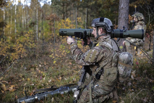 U.S. Army Sgt. Sig Johnson, a Soldier assigned to 3rd Battalion, 161st Infantry Regiment, aims an inert M3 Carl Gustov anti-tank rocket at a designated target during Rifle Focus on Oct. 16, 2021 in Bemowo Piskie Training Area. Different companies competed against each other as part of Rifle Focus, Battle Group Poland’s two-week long capstone maneuver exercise. (U.S. Army photo by Spc. Jameson Harris)