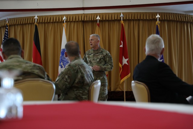 Maj. Gen. Thomas Solhjem, U.S. Army Chief of Chaplain visits leaders from 21st Theater Sustainment Command Oct. 19, in Kaiserslautern, Germany, to introduce and discuss the Spiritual Readiness Initiative. This three-day training targets all Army...