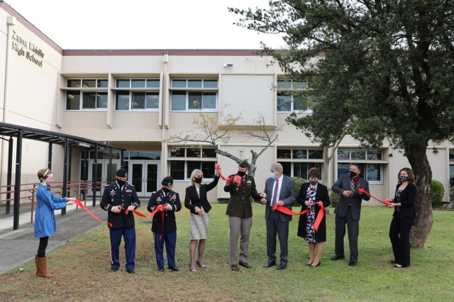 From left to right: Col. Gary S. Bonham, USACE – Japan Engineer District Commander, Col. Christopher L. Tomlinson, U.S. Army Garrison Japan Commander, Dr. Judith Allen, District Superintendent of Schools for DoDEA Pacific East, Maj. Gen. J.B....