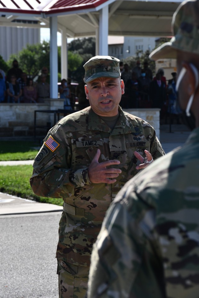 Col. Carlos Tamez, outgoing commander of the 3rd Medical Training Brigade, addressed the troops during the 3rd MTB change of command ceremony Oct. 16 in San Antonio, Texas.  Tamez, a Weslaco, Texas resident, retired after more than three decades...