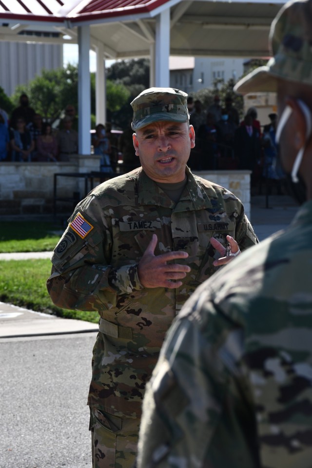 Col. Carlos Tamez, outgoing commander of the 3rd Medical Training Brigade, addressed the troops during the 3rd MTB change of command ceremony Oct. 16 in San Antonio, Texas.  Tamez, a Weslaco, Texas resident, retired after more than three decades of service in the Army including deployments to South America, Bosnia-Herzegovina, and multiple deployments to Iraq.