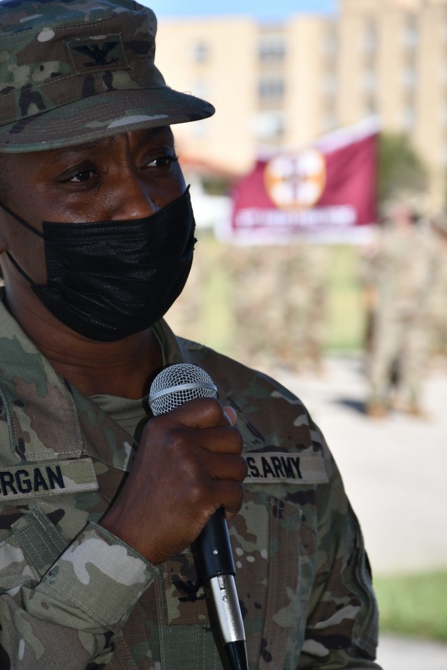Col. Sarolyn Morgan, incoming commander of the 3rd Medical Training Brigade, addresses the troops during the 3rd MTB change of command ceremony Oct. 16 in San Antonio, Texas. Morgan, an Arlington, Texas resident, has more than three decades of service, most recently serving as commander of the 368th Medical Detachment Combat Operational Stress Control.