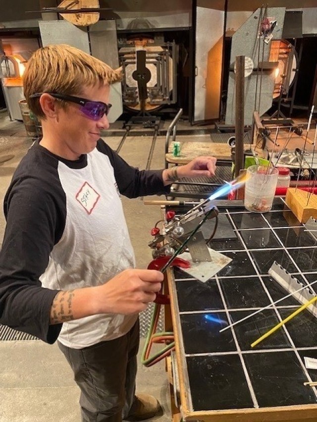 Staff Sgt. Stacy Englert, a Soldier assigned to the Joint Base Lewis-McChord Soldier Recovery Unit, Washington, participated in a glass blowing class on Sept. 27. The class resumed in July after being on hold for 14 months due to the COVID-19 pandemic. (Photo courtesy of David Iuli)