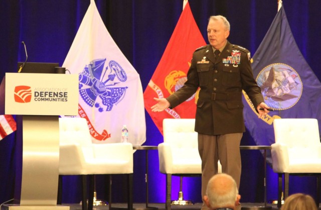 Lt. Gen. Douglas Gabram, Commanding General, U.S. Army Installation Management Command, welcomes military, business and civic leaders to the annual Installation Innovation Forum hosted by the Association of Defense Communities in San Antonio, Texas, Nov. 1. The forum aimed to build partnerships between military and civilian communities that inspire innovation and development. 