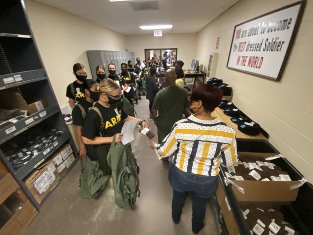 Trainees with 2nd Battalion, 13th Infantry Regiment are fitted for their Army Green Service Uniform on Oct. 18 at the 120th Adjutant General Battalion (Reception). The trainees are the first on Fort Jackson to receive their Army Greens. (By...
