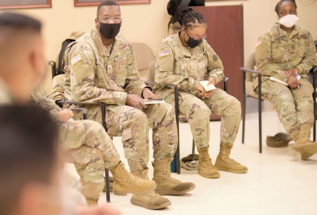 Soldiers assigned to the 832nd Transportation Battalion participate in a listening session at Fort Eustis, Va. Oct. 29.