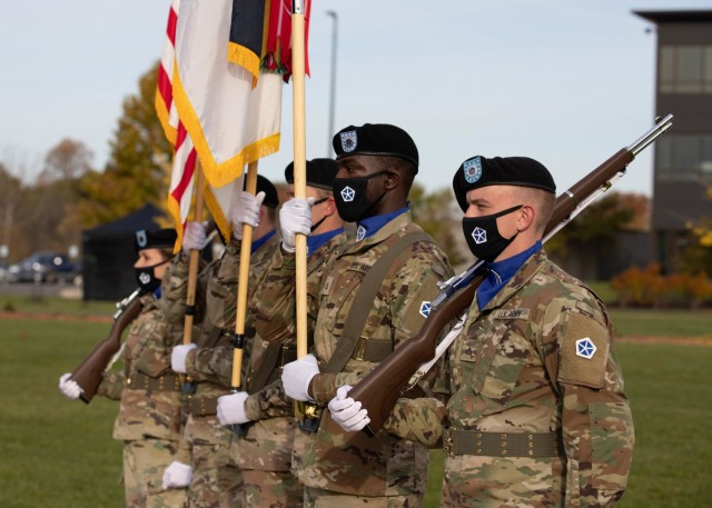 FORT KNOX, Ky. (Nov. 3, 2021) – V Corps color guard stands in formation during V Corps’ Fully Operationally Capable ceremony at the V Corps Headquarters in Fort Knox, Kentucky, Nov. 3. The declaration of FOC signifies that the corps met a rigorous set of criteria, including the completion of the Warfighter 22-1 exercise which tested V Corps’ ability to mission command large scale combat operations in a multi-national environment. V Corps is now the U.S. Army’s fourth corps headquarters and America’s forward deployed corps in Europe. (U.S. Army photo by Pfc. Devin Klecan/released)