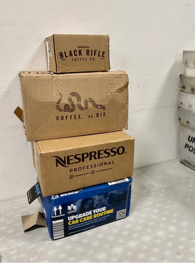 Boxes identified during an inspection in the Wiesbaden mail room that possibly contain prohibited imports.