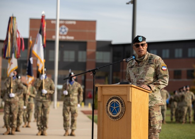 FORT KNOX, Ky. (Nov. 3, 2021) -- Gen. Michael X. Garrett, commanding general, U.S. Army Forces Command, speaks during V Corps’ Fully Operationally Capable ceremony at the V Corps Headquarters in Fort Knox, Kentucky, Nov. 3. The declaration of FOC signifies that the corps met a rigorous set of criteria, including the completion of the Warfighter 22-1 exercise which tested V Corps’ ability to mission command large scale combat operations in a multi-national environment. V Corps is now the U.S. Army’s fourth corps headquarters and America’s forward deployed corps in Europe. (U.S. Army photo by Pfc. Devin Klecan/released)