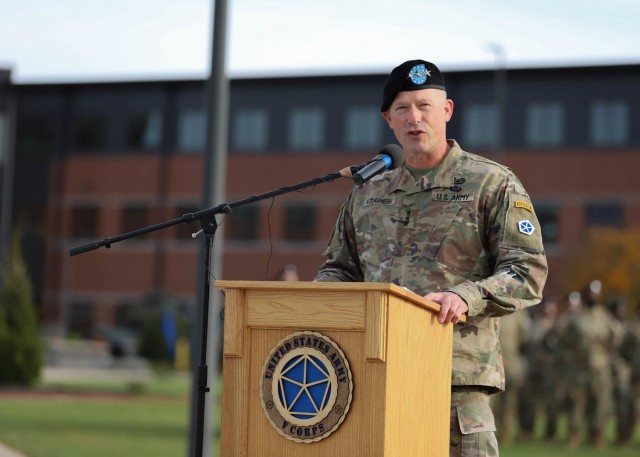 FORT KNOX, Ky. (Nov. 3, 2021) -- Lt. Gen. John Kolasheski, commanding general, V Corps, speaks during V Corps’ Fully Operationally Capable ceremony at the V Corps Headquarters in Fort Knox, Kentucky, Nov. 3. The declaration of FOC signifies that the corps met a rigorous set of criteria, including the completion of the Warfighter 22-1 exercise which tested V Corps’ ability to mission command large scale combat operations in a multi-national environment. V Corps is now the U.S. Army’s fourth corps headquarters and America’s forward deployed corps in Europe. (U.S. Army photo by Pfc. Devin Klecan/released)